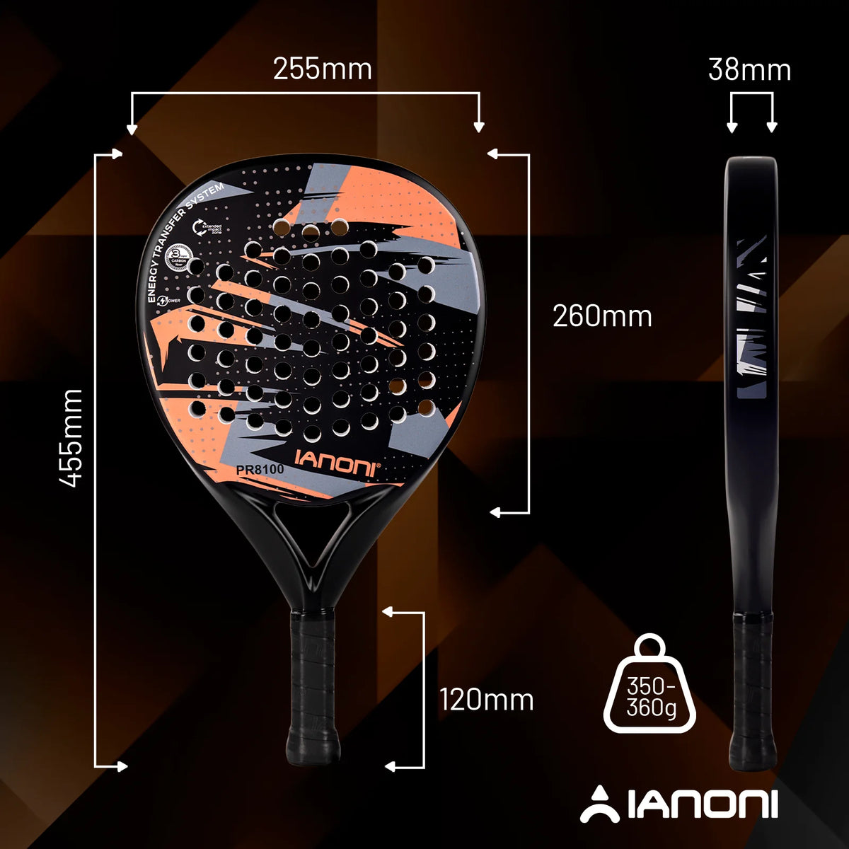 Pala de pádel redonda de carbono 8100 – EVA memory foam, 360-370 g, naranja