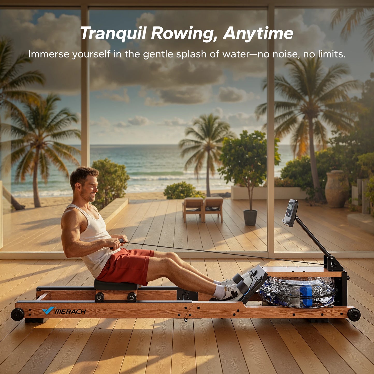 Solid Wood Foldable Water Rowing Machine | 400 lbs Capacity | LCD Display & Bluetooth | 180° Vertical Storage