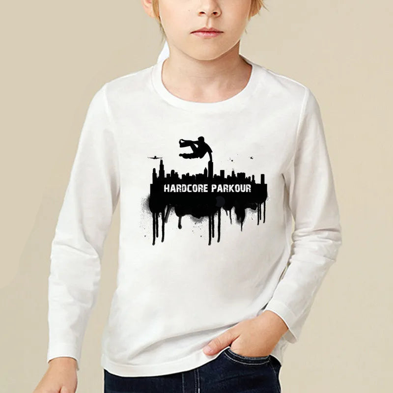 Kids Long Sleeve T Shirt 13 Different Prints Evolution Of Parkour Born To Jump Summer White T-shirts For Boys Girls Casual Tshirt