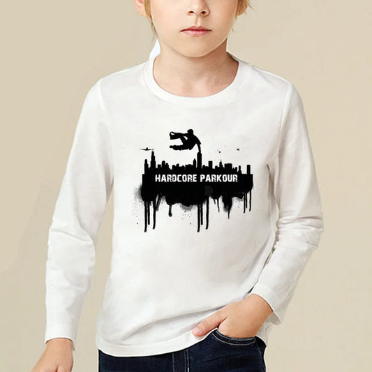 Kids Long Sleeve T Shirt 13 Different Prints Evolution Of Parkour Born To Jump Summer White T-shirts For Boys Girls Casual Tshirt