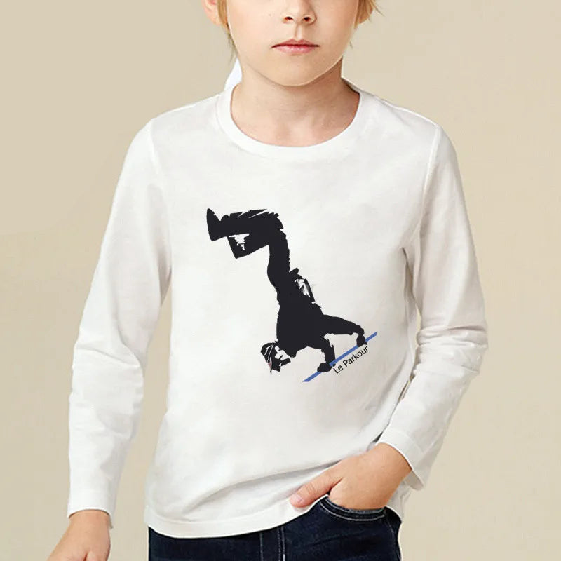 Kids Long Sleeve T Shirt 13 Different Prints Evolution Of Parkour Born To Jump Summer White T-shirts For Boys Girls Casual Tshirt