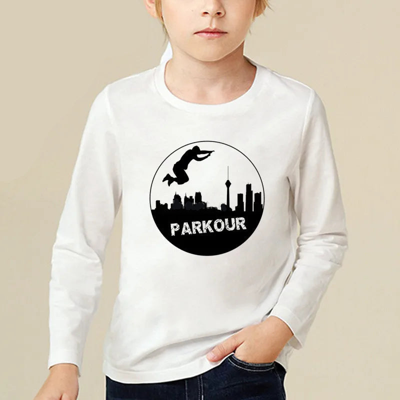 Kids Long Sleeve T Shirt 13 Different Prints Evolution Of Parkour Born To Jump Summer White T-shirts For Boys Girls Casual Tshirt