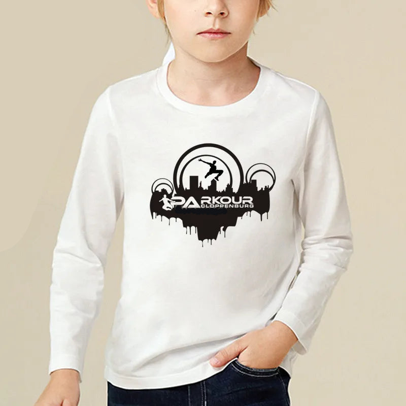 Kids Long Sleeve T Shirt 13 Different Prints Evolution Of Parkour Born To Jump Summer White T-shirts For Boys Girls Casual Tshirt