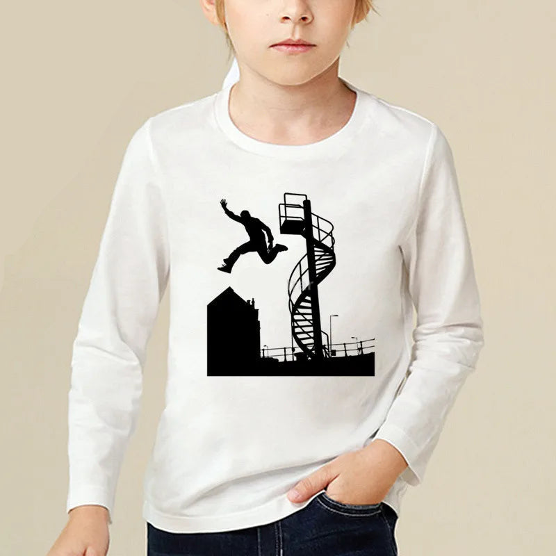 Kids Long Sleeve T Shirt 13 Different Prints Evolution Of Parkour Born To Jump Summer White T-shirts For Boys Girls Casual Tshirt
