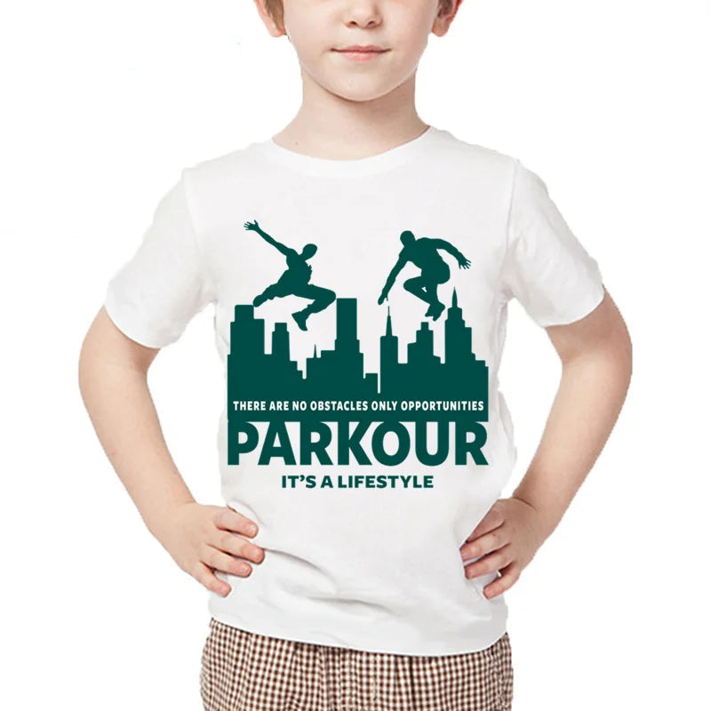 Kids T Shirt 13 Different Prints Evolution Of Parkour Born To Jump Summer White T-shirts For Boys Girls Casual Tshirt