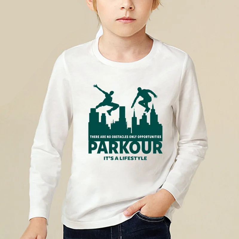Kids Long Sleeve T Shirt 13 Different Prints Evolution Of Parkour Born To Jump Summer White T-shirts For Boys Girls Casual Tshirt