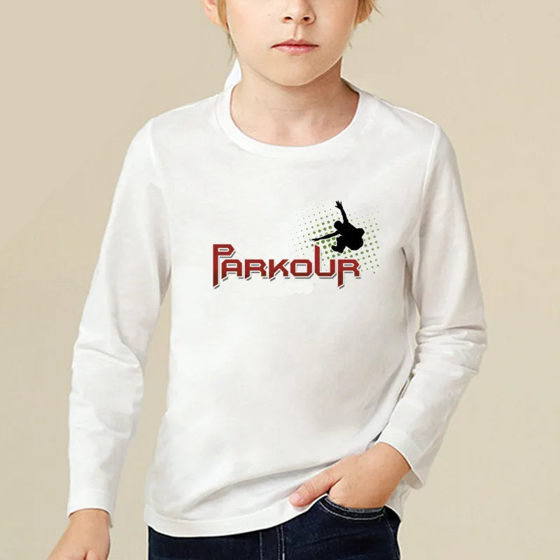 Kids Long Sleeve T Shirt 13 Different Prints Evolution Of Parkour Born To Jump Summer White T-shirts For Boys Girls Casual Tshirt