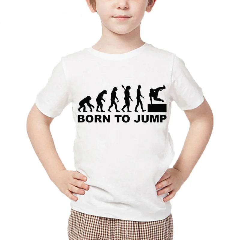 Kids T Shirt 13 Different Prints Evolution Of Parkour Born To Jump Summer White T-shirts For Boys Girls Casual Tshirt