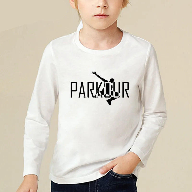 Kids Long Sleeve T Shirt 13 Different Prints Evolution Of Parkour Born To Jump Summer White T-shirts For Boys Girls Casual Tshirt