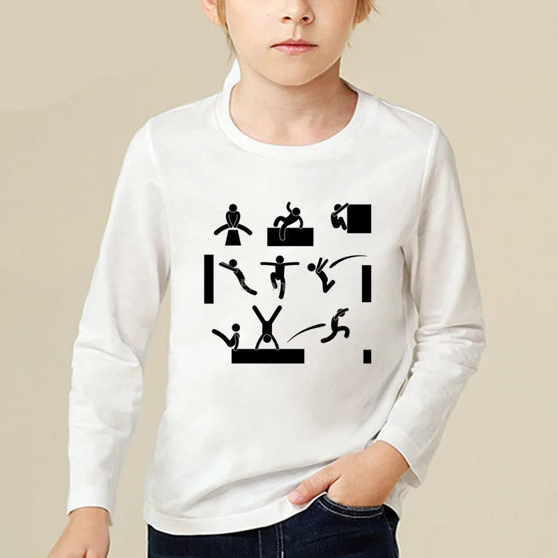 Kids Long Sleeve T Shirt 13 Different Prints Evolution Of Parkour Born To Jump Summer White T-shirts For Boys Girls Casual Tshirt