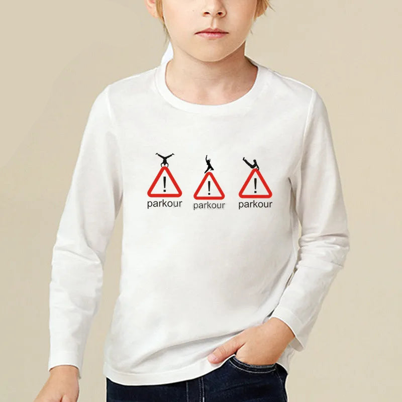 Kids Long Sleeve T Shirt 13 Different Prints Evolution Of Parkour Born To Jump Summer White T-shirts For Boys Girls Casual Tshirt