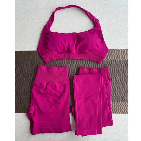 Women’s Seamless Workout Set – 3 Pieces: Long Leggings + Shorts + Sports Top