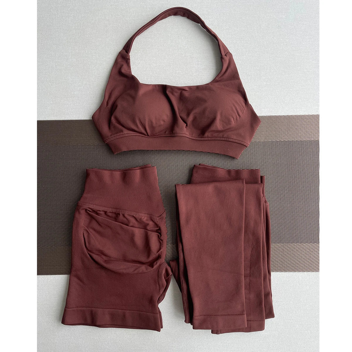 Women’s Seamless Workout Set – 3 Pieces: Long Leggings + Shorts + Sports Top