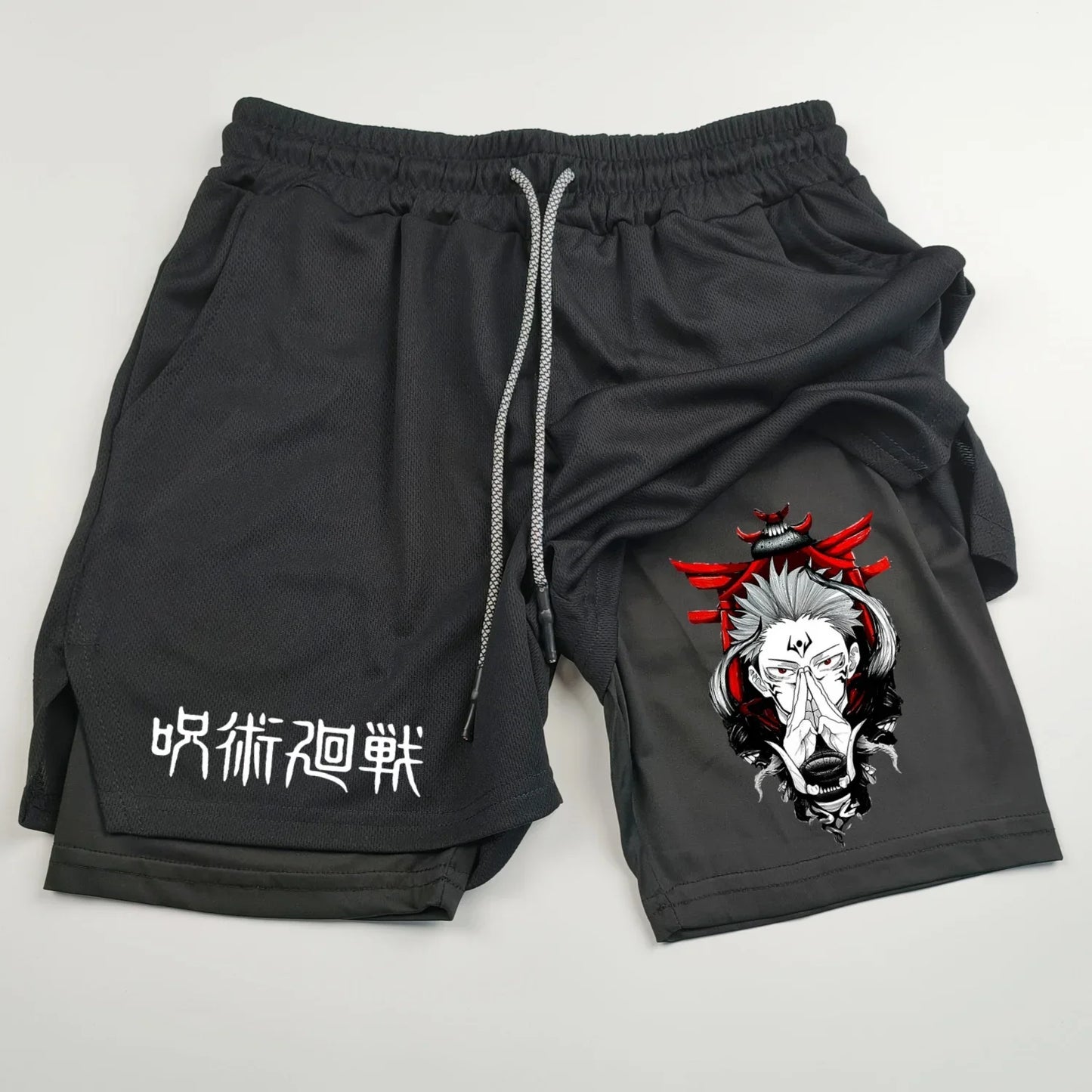 Pantalones cortos deportivos de doble capa con estampado de anime Jujutsu Kaisen: comodidad, estilo y rendimiento en uno