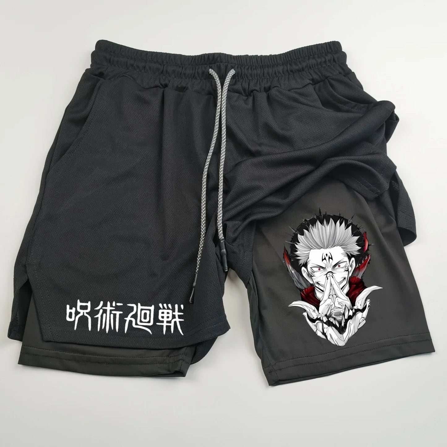 Pantalones cortos deportivos de doble capa con estampado de anime Jujutsu Kaisen: comodidad, estilo y rendimiento en uno