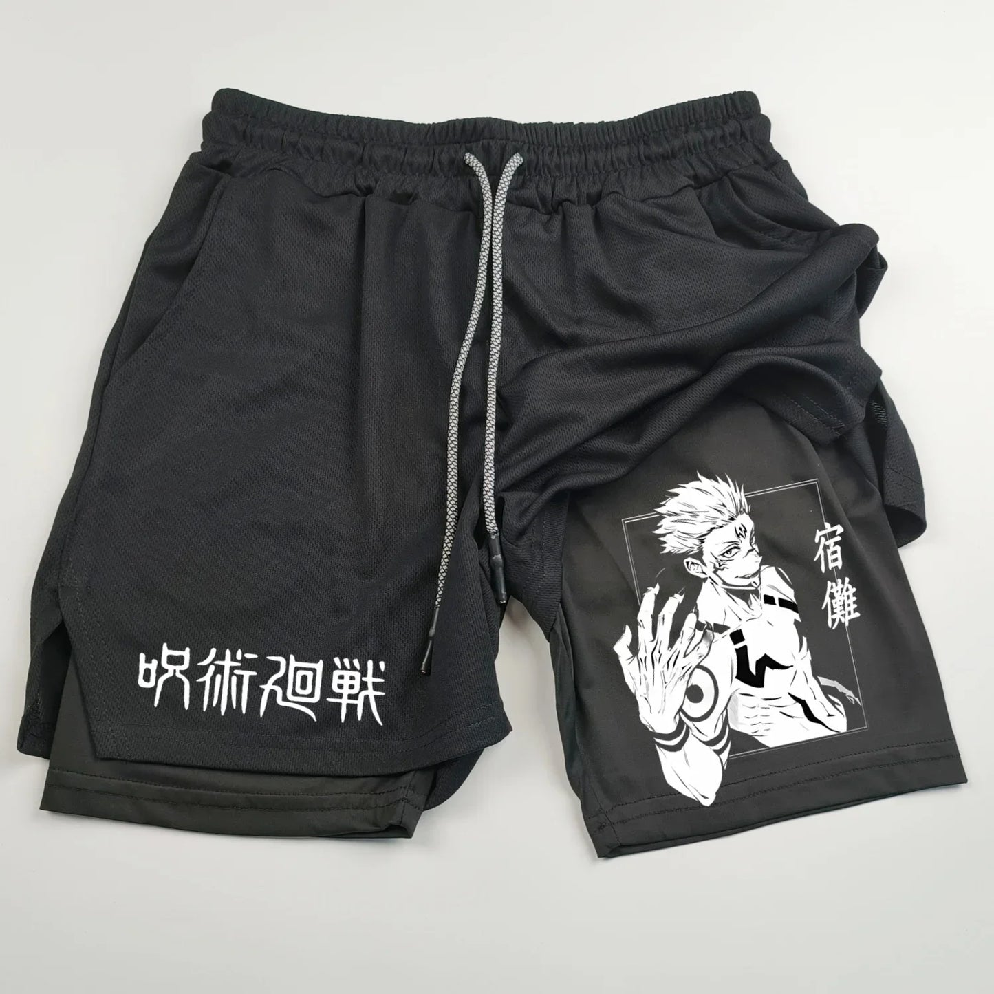 Pantalones cortos deportivos de doble capa con estampado de anime Jujutsu Kaisen: comodidad, estilo y rendimiento en uno