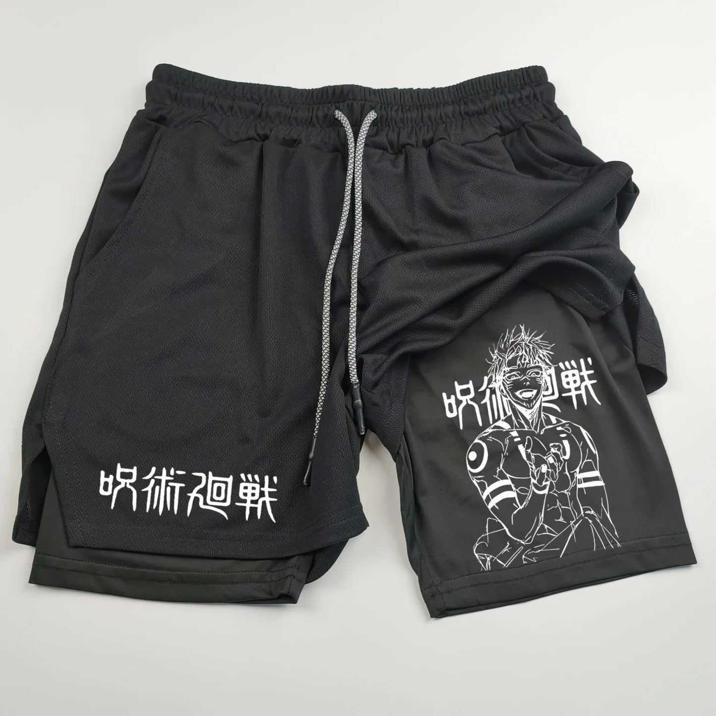 Pantalones cortos deportivos de doble capa con estampado de anime Jujutsu Kaisen: comodidad, estilo y rendimiento en uno