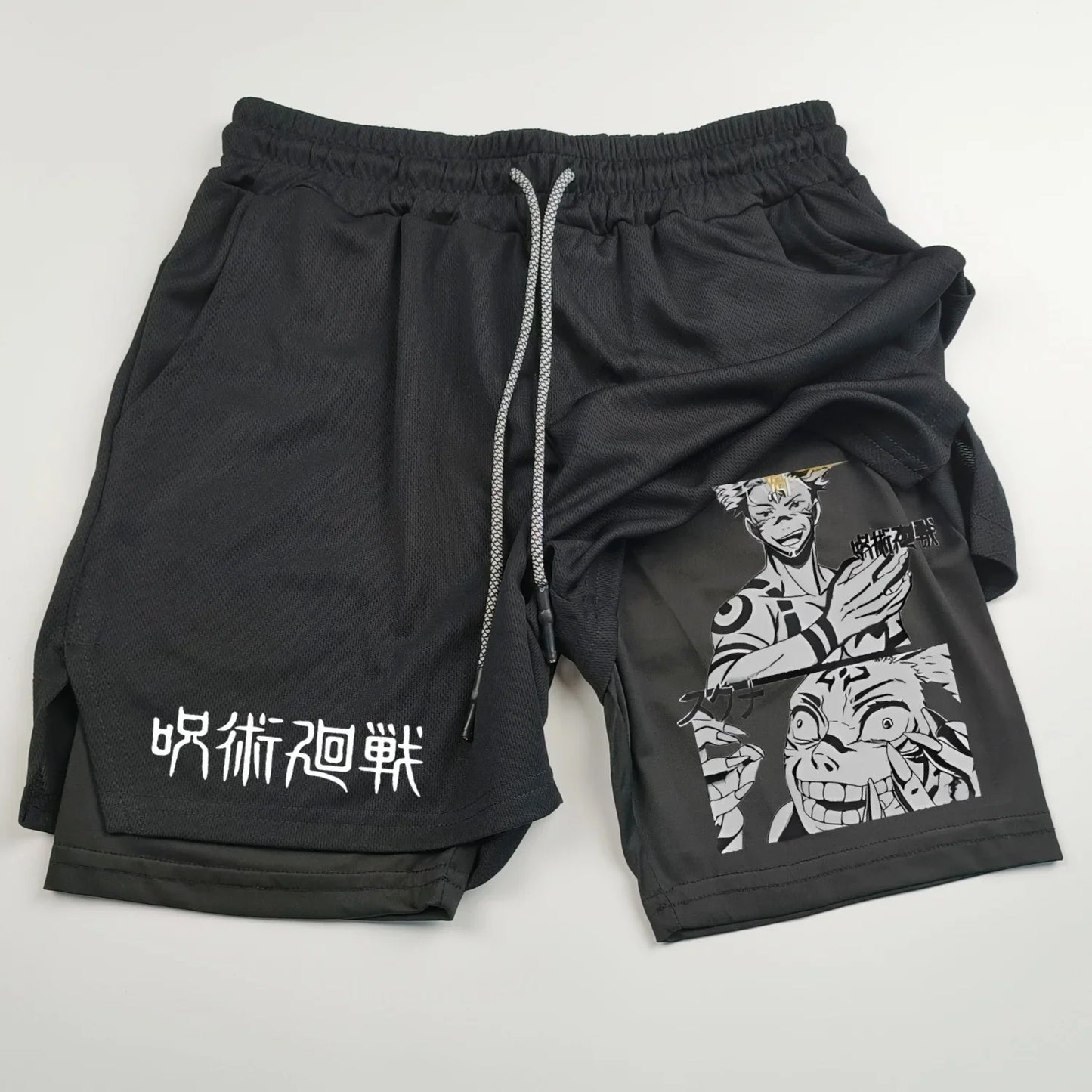 Pantalones cortos deportivos de doble capa con estampado de anime Jujutsu Kaisen: comodidad, estilo y rendimiento en uno