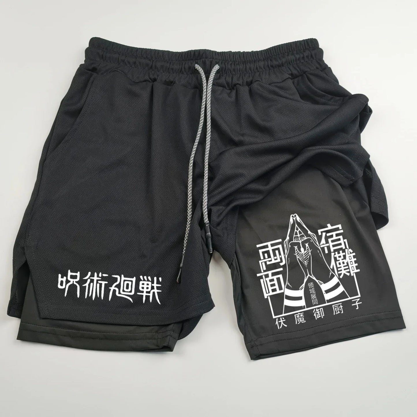 Pantalones cortos deportivos de doble capa con estampado de anime Jujutsu Kaisen: comodidad, estilo y rendimiento en uno