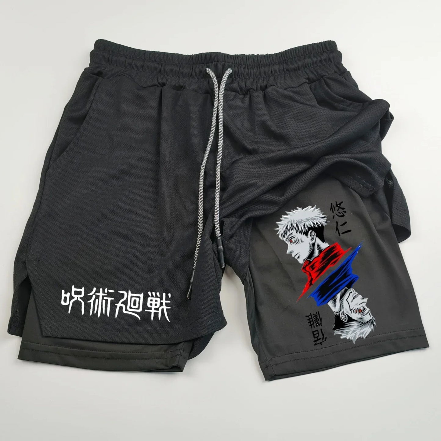 Pantalones cortos deportivos de doble capa con estampado de anime Jujutsu Kaisen: comodidad, estilo y rendimiento en uno