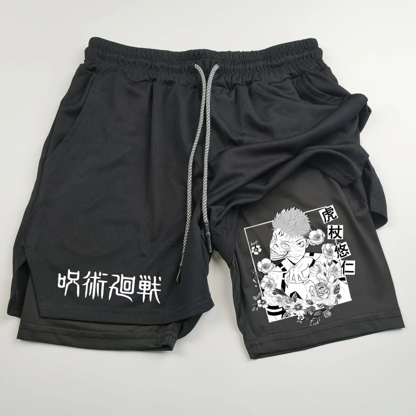 Pantalones cortos deportivos de doble capa con estampado de anime Jujutsu Kaisen: comodidad, estilo y rendimiento en uno