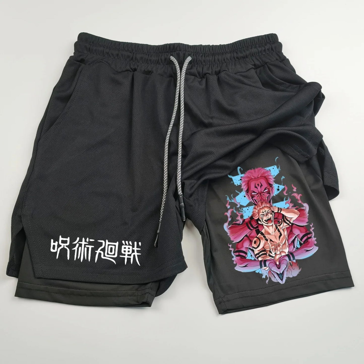 Pantalones cortos deportivos de doble capa con estampado de anime Jujutsu Kaisen: comodidad, estilo y rendimiento en uno