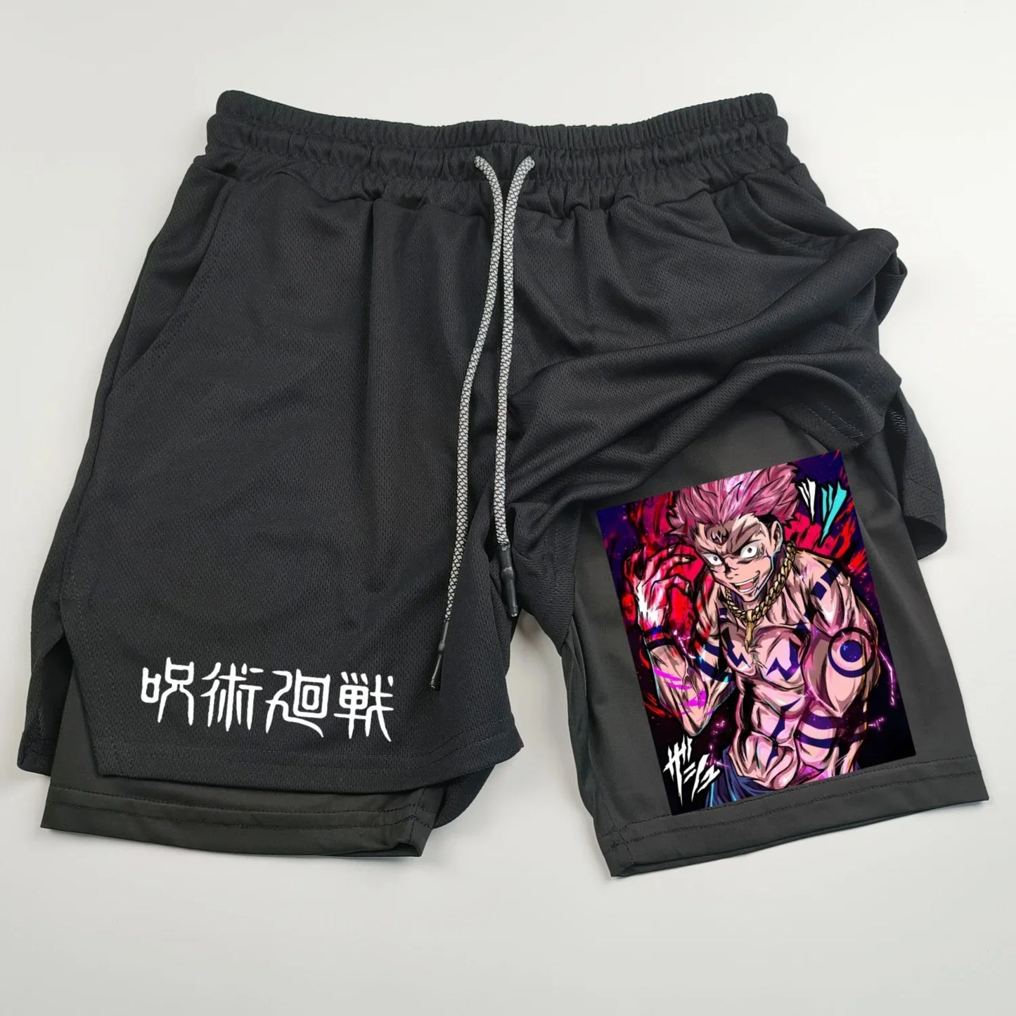 Pantalones cortos deportivos de doble capa con estampado de anime Jujutsu Kaisen: comodidad, estilo y rendimiento en uno