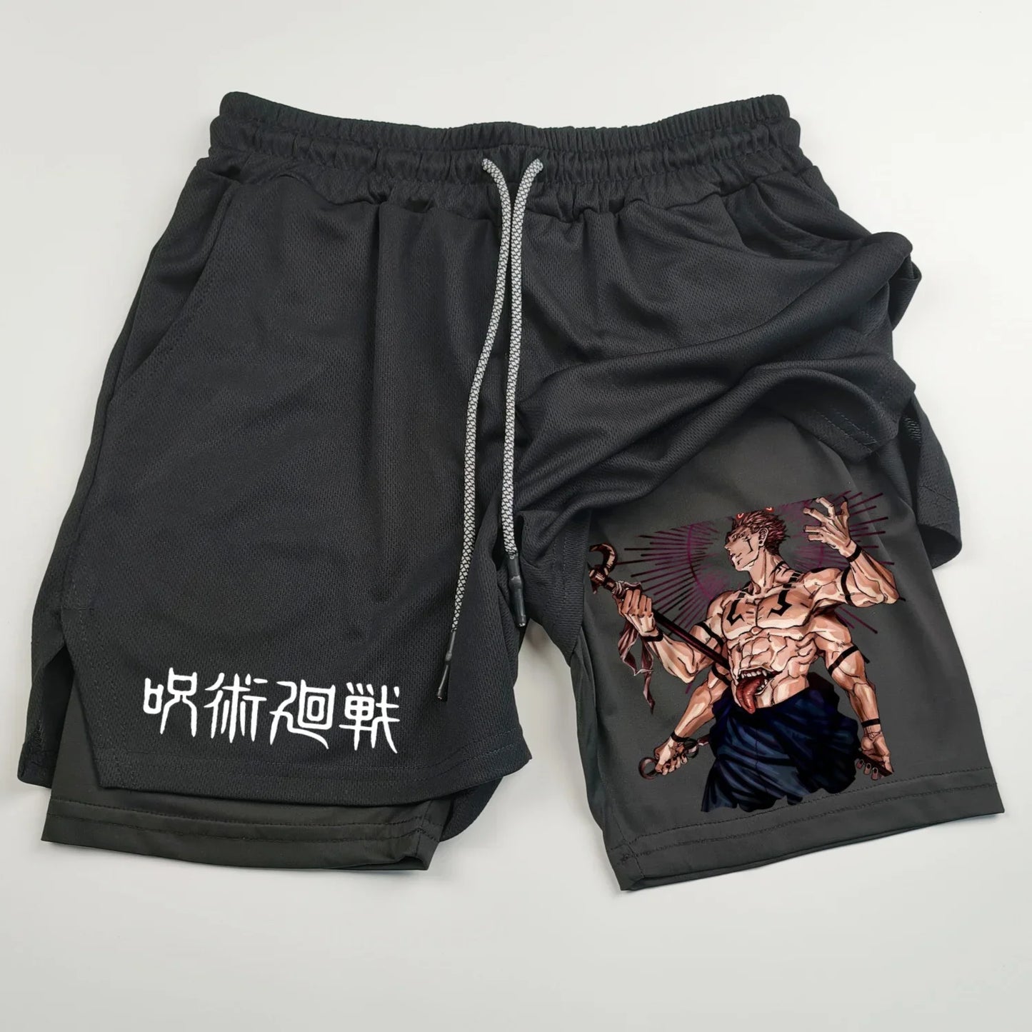 Pantalones cortos deportivos de doble capa con estampado de anime Jujutsu Kaisen: comodidad, estilo y rendimiento en uno