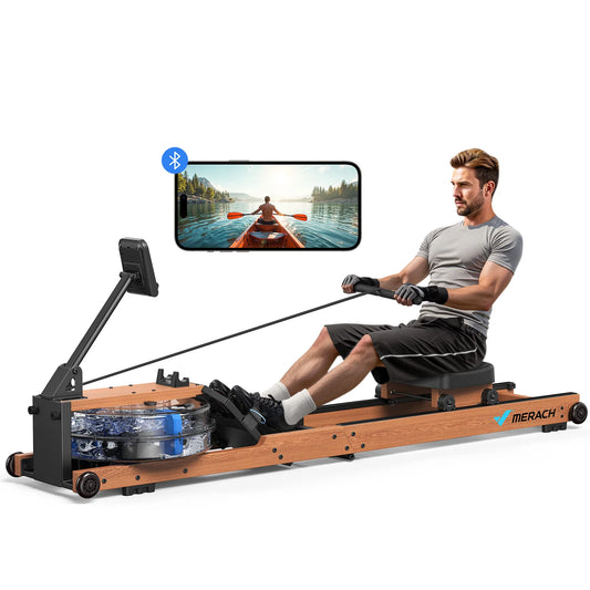 Solid Wood Foldable Water Rowing Machine | 400 lbs Capacity | LCD Display & Bluetooth | 180° Vertical Storage