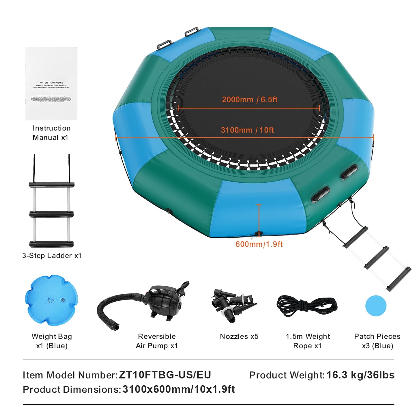10FT Inflatable Water Trampoline – Recreational Floating Platform for Kids and Adults | With 600W Air Pump