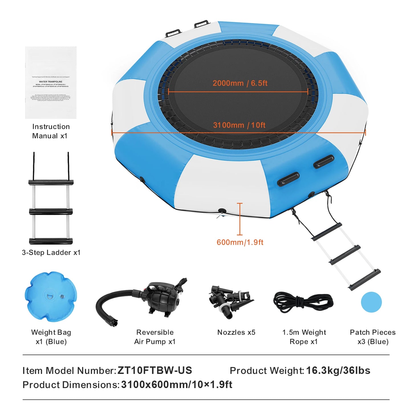 10FT Inflatable Water Trampoline – Recreational Floating Platform for Kids and Adults | With 600W Air Pump