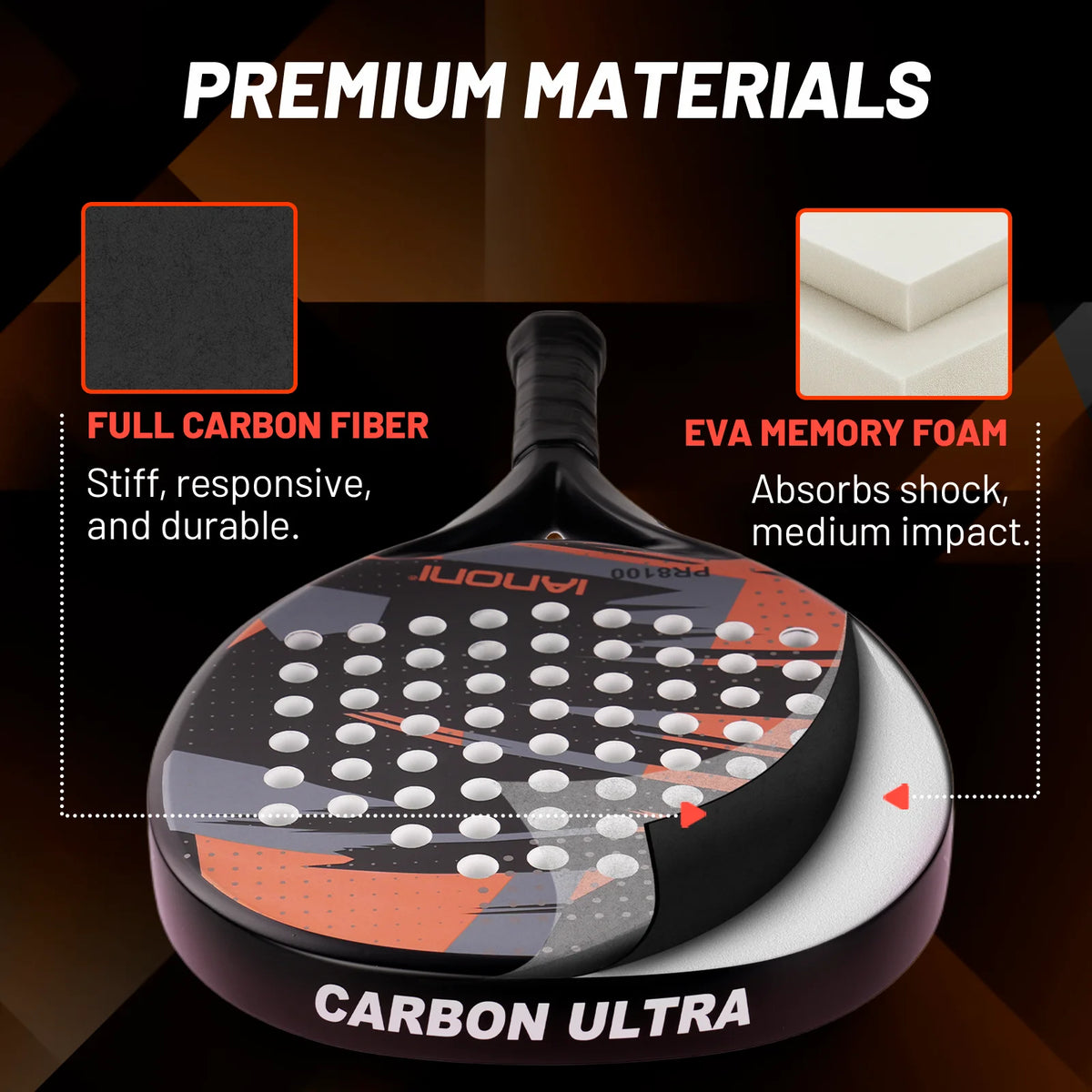 Pala de pádel redonda de carbono 8100 – EVA memory foam, 360-370 g, naranja