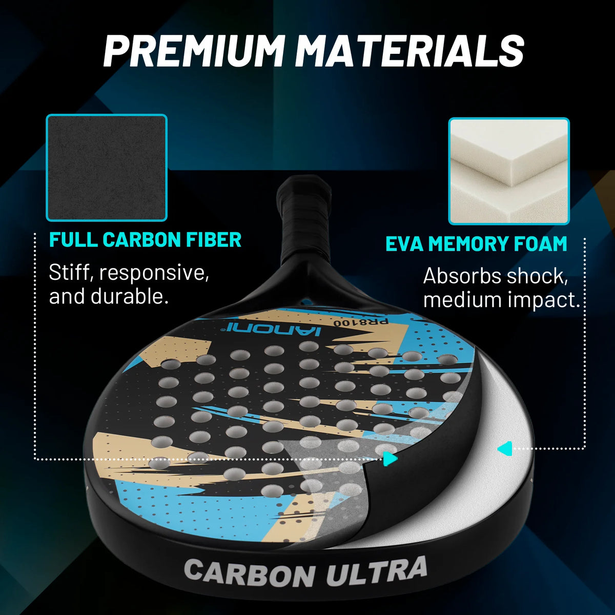 Pala de pádel redonda de carbono 8100 – EVA memory foam, 360-370 g, azul cielo