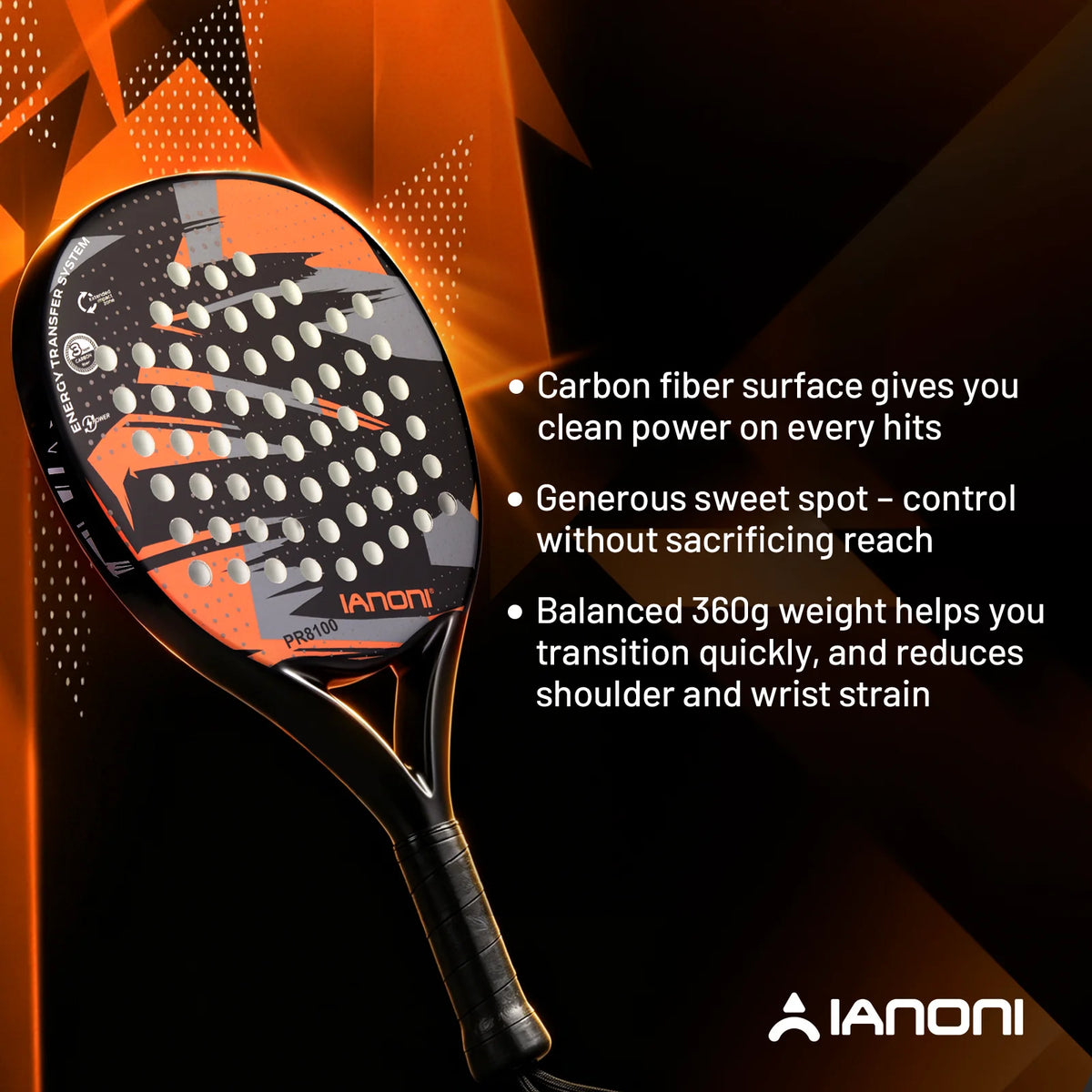Pala de pádel redonda de carbono 8100 – EVA memory foam, 360-370 g, naranja