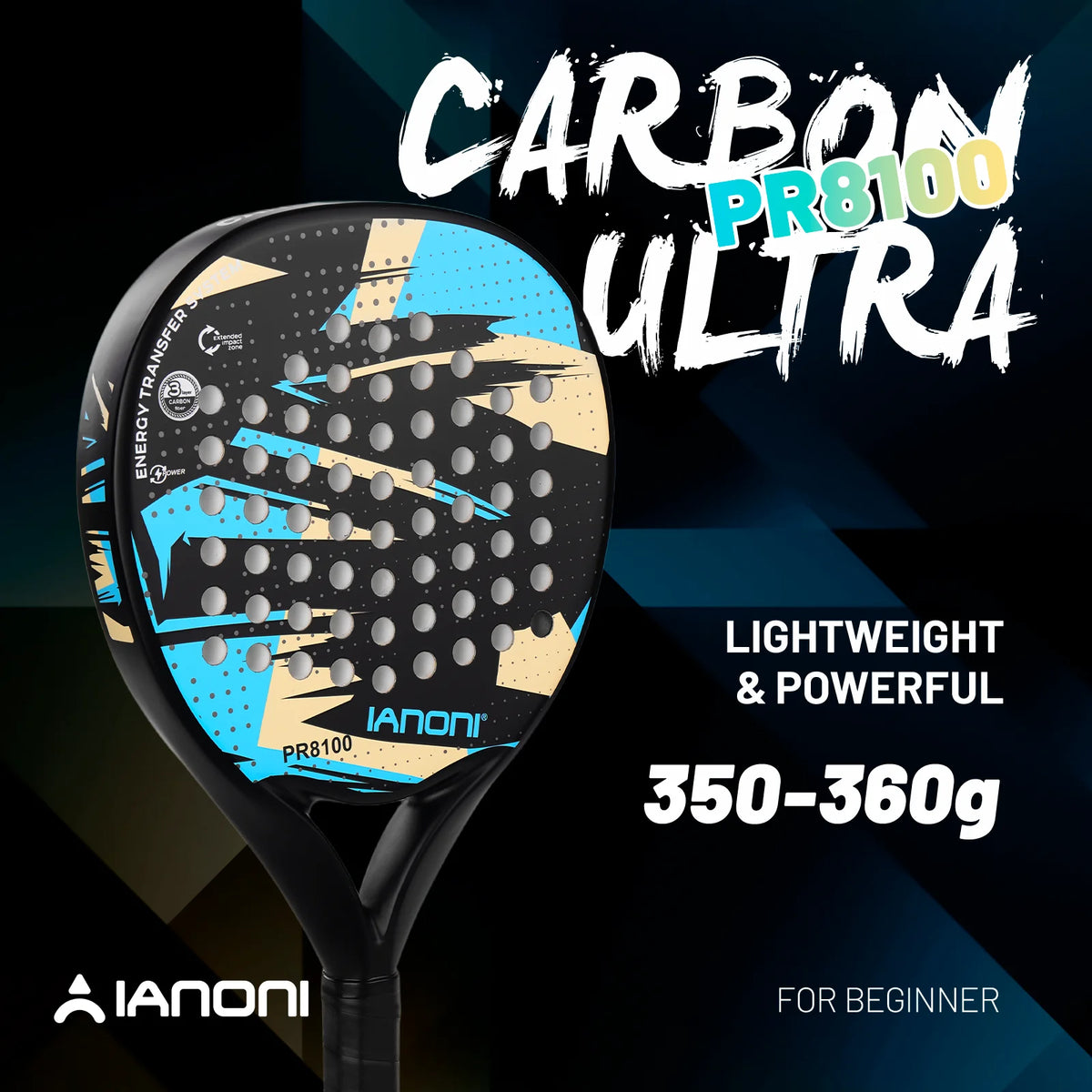 Pala de pádel redonda de carbono 8100 – EVA memory foam, 360-370 g, azul cielo