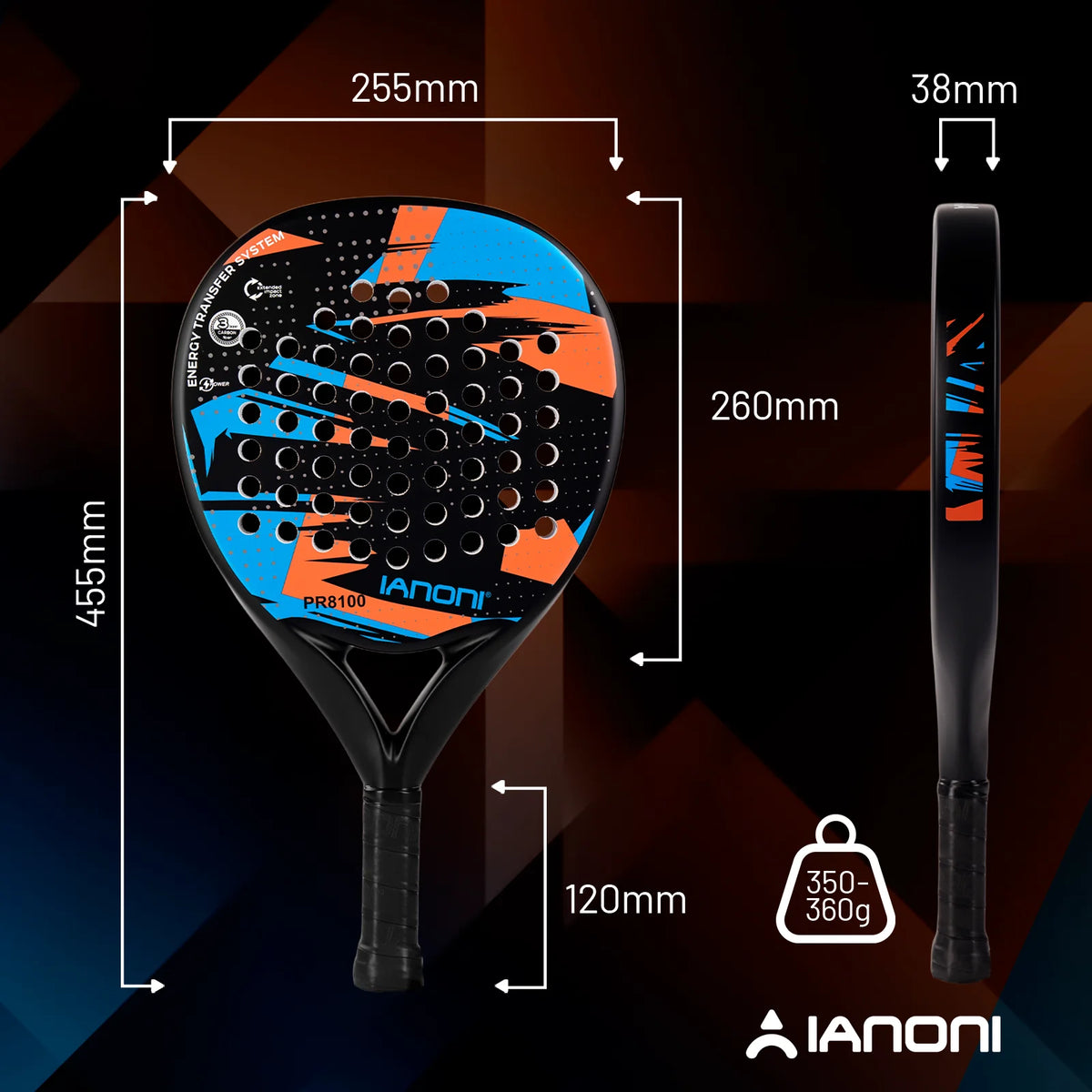 Pala de pádel redonda de carbono 8100 – EVA memory foam, 360-370 g, azul y naranja