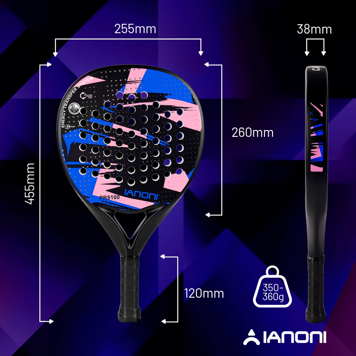 Pala de pádel redonda de carbono 8100 – EVA memory foam, 360-370 g, azul