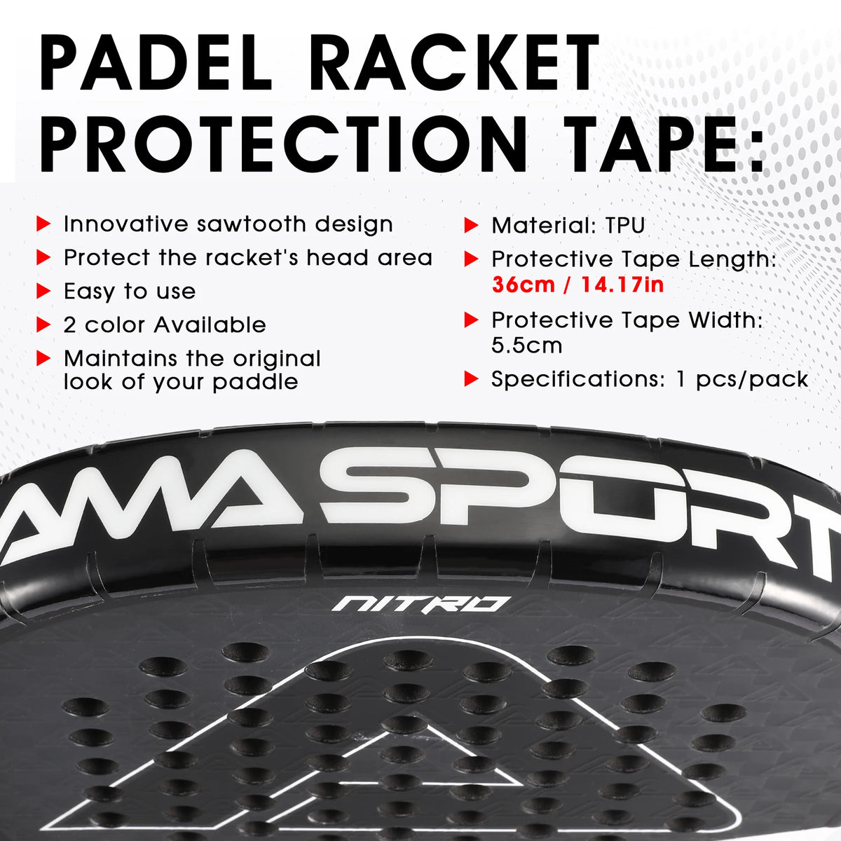 Protector para pala de pádel – Cinta de PU ligera, 55 x 360 mm, packs de 1, 3 o 5