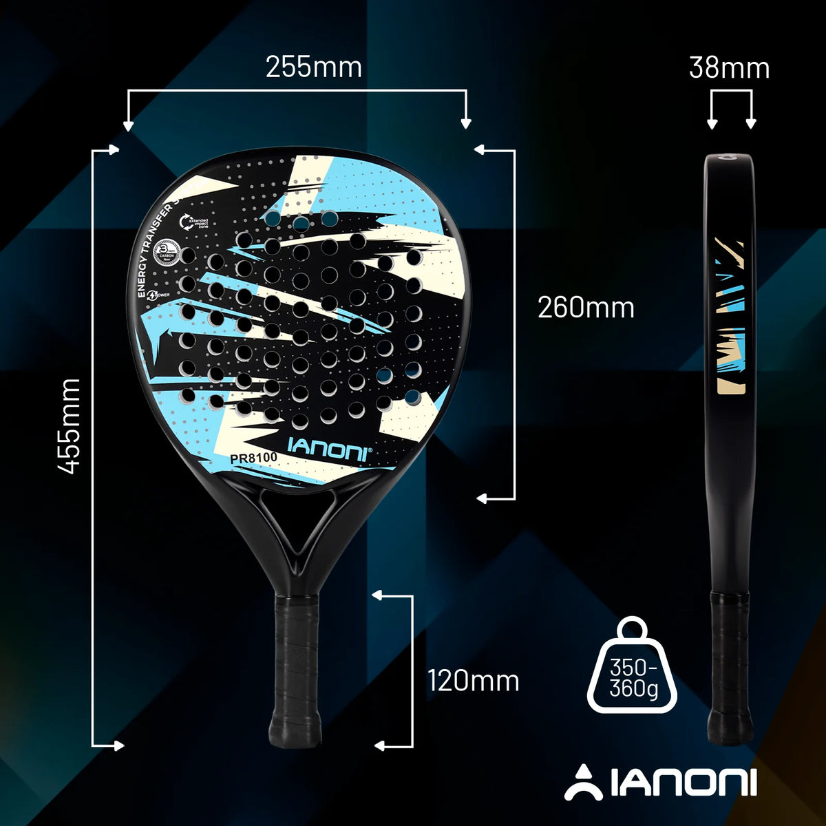 Pala de pádel redonda de carbono 8100 – EVA memory foam, 360-370 g, azul cielo