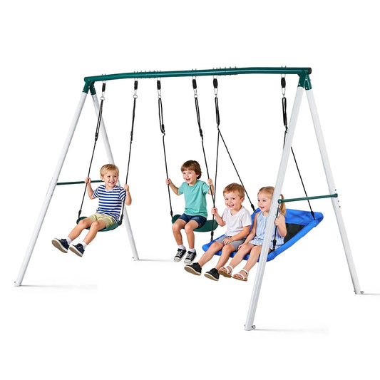 Columpio con estructura en A, asiento nido y 2 columpios de cinta – Estructura metálica, 318 kg