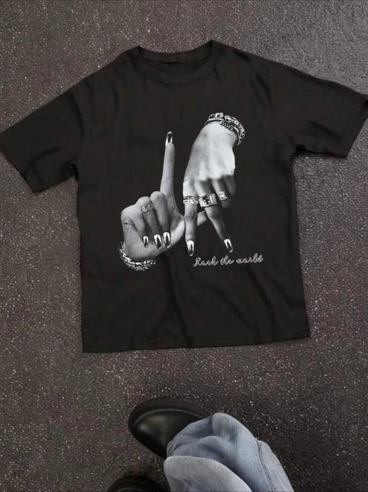 Women's Urban Style “Los Angeles Hand Gesture” T-Shirt – Graffiti Lettering and Jewelry Details, 100% Cotton