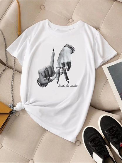 Women's Urban Style “Los Angeles Hand Gesture” T-Shirt – Graffiti Lettering and Jewelry Details, 100% Cotton