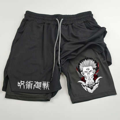 Pantalones cortos deportivos de doble capa con estampado de anime Jujutsu Kaisen: comodidad, estilo y rendimiento en uno