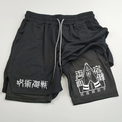 Pantalones cortos deportivos de doble capa con estampado de anime Jujutsu Kaisen: comodidad, estilo y rendimiento en uno