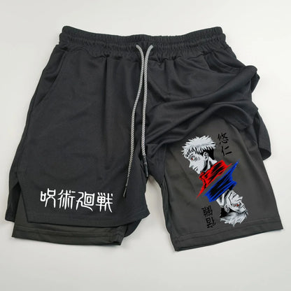 Pantalones cortos deportivos de doble capa con estampado de anime Jujutsu Kaisen: comodidad, estilo y rendimiento en uno