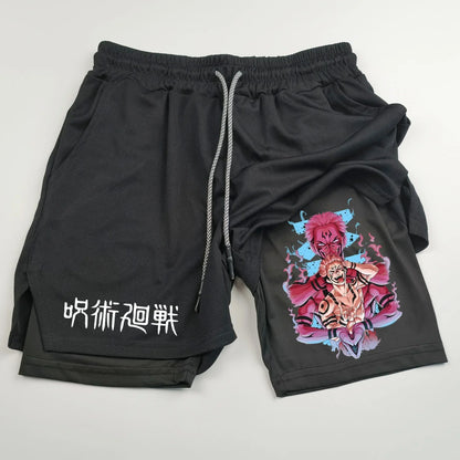 Pantalones cortos deportivos de doble capa con estampado de anime Jujutsu Kaisen: comodidad, estilo y rendimiento en uno