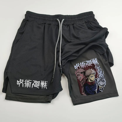 Pantalones cortos deportivos de doble capa con estampado de anime Jujutsu Kaisen: comodidad, estilo y rendimiento en uno
