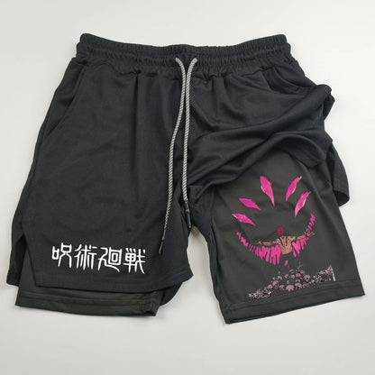 Pantalones cortos deportivos de doble capa con estampado de anime Jujutsu Kaisen: comodidad, estilo y rendimiento en uno