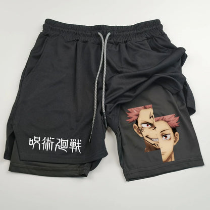 Pantalones cortos deportivos de doble capa con estampado de anime Jujutsu Kaisen: comodidad, estilo y rendimiento en uno